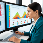 A focused data analyst, an adult professional woman, is seated at a minimalist desk in a bright, modern office. She is dressed in a modest business suit, fully clothed, with appropriate attire. On her large monitor, a vibrant and complex data visualization dashboard, resembling a Tableau interface, displays various charts and graphs, transforming raw data into clear insights. Her expression is thoughtful and engaged, looking intently at the screen. The background features blurred office equipment and soft natural light from a large window. safe for work, appropriate content, professional dress, perfect anatomy, correct proportions, natural pose, well-formed hands, proper finger count, natural body proportions, high-quality digital illustration, professional photography style.