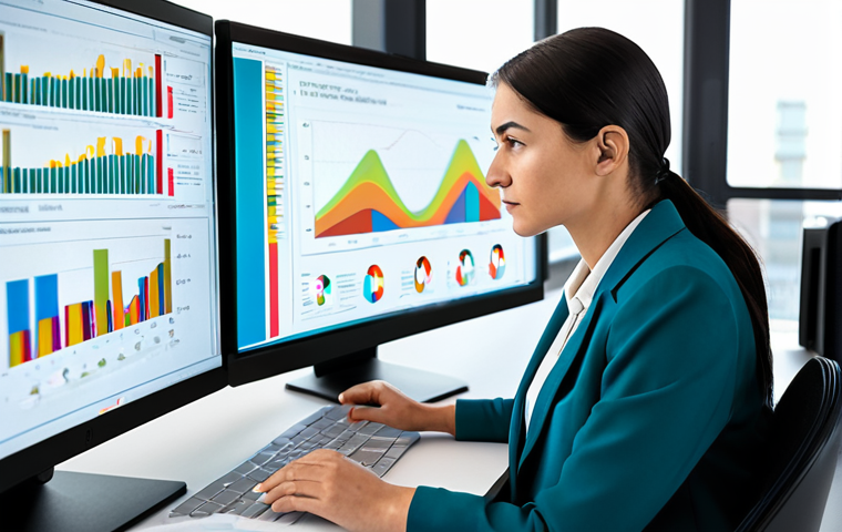 A focused data analyst, an adult professional woman, is seated at a minimalist desk in a bright, modern office. She is dressed in a modest business suit, fully clothed, with appropriate attire. On her large monitor, a vibrant and complex data visualization dashboard, resembling a Tableau interface, displays various charts and graphs, transforming raw data into clear insights. Her expression is thoughtful and engaged, looking intently at the screen. The background features blurred office equipment and soft natural light from a large window. safe for work, appropriate content, professional dress, perfect anatomy, correct proportions, natural pose, well-formed hands, proper finger count, natural body proportions, high-quality digital illustration, professional photography style.
